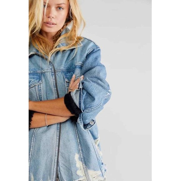 Free People Your Dad's Frayed Zip Up Denim Shirt Jacket Size XS New